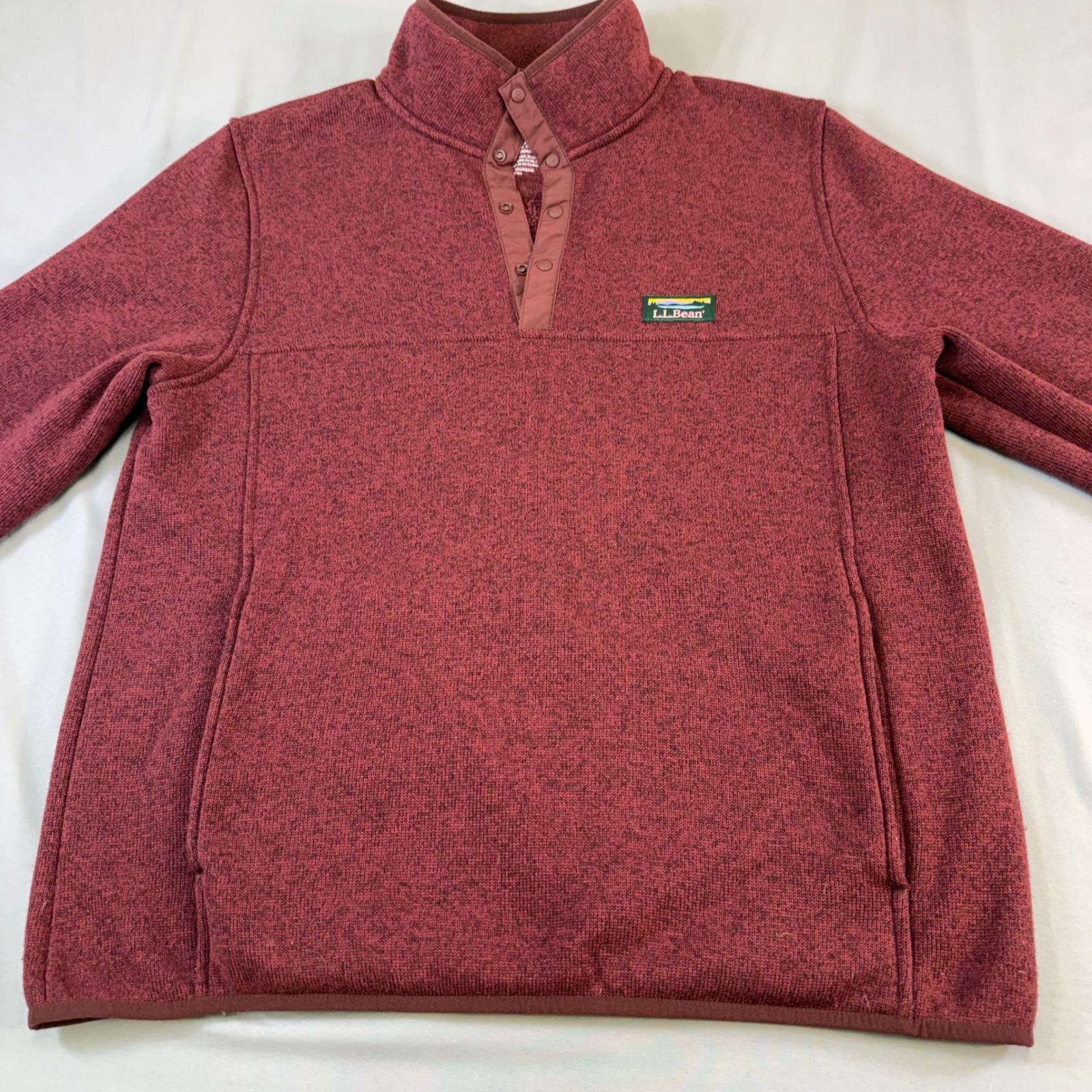 Ll Bean Sweater Fleece Pullover Mens Medium Reg Burgundy Red Snap Neck 298050